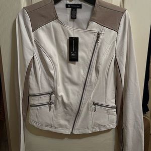 INC International Concepts White and Tan/Cement Leather Jacket. Size XS.